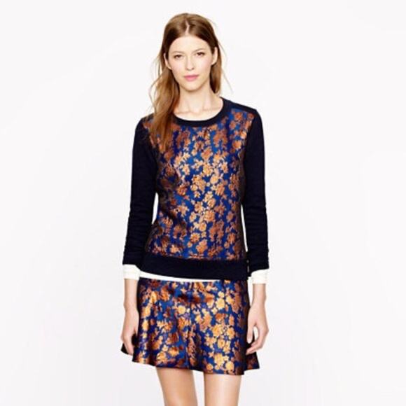 nwot J CREW Sweater Women S Navy Royal-Blue Gold Floral Jacquard Terry-Lining